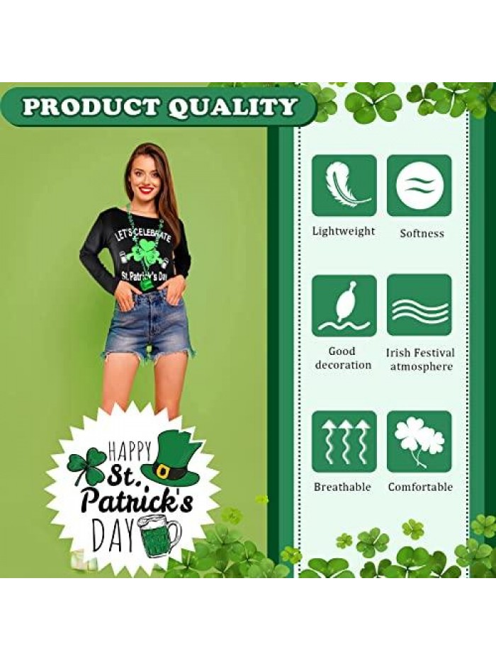 2 Pcs Women's St Patricks Day Sweatshirt Shamrock Irish Long Sleeve Off Shoulder Flowy T Shirt with Necklace 