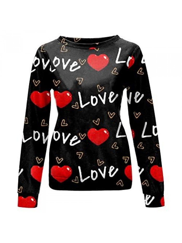 Valentine's Day Sweatshirts Long Sleeve Love Heart Printed Tshirt Casual Loose Crewneck Holiday Pullover Tops 