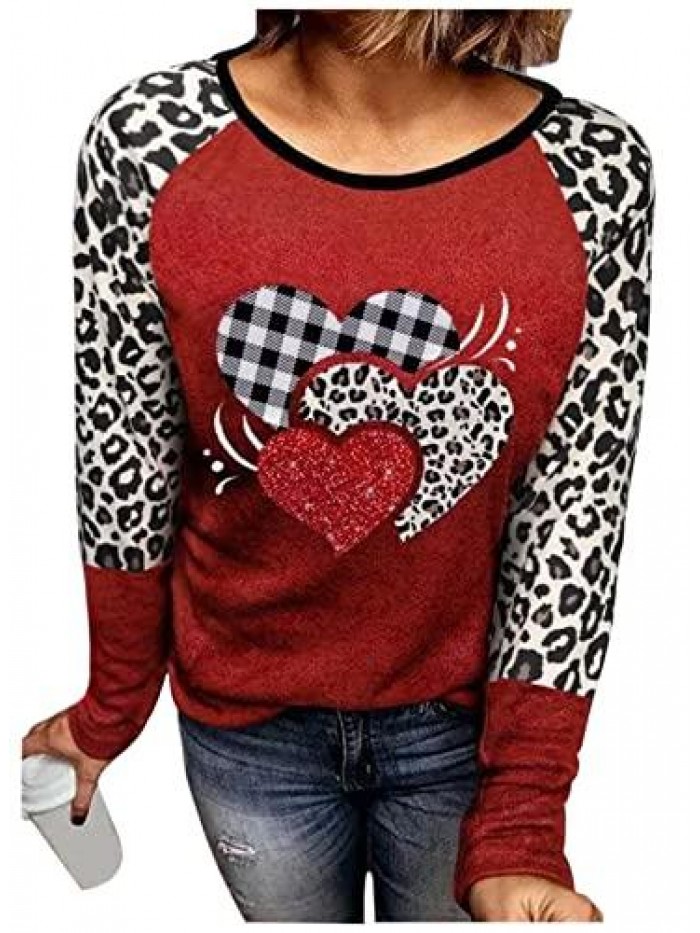 Leopard Plaid Heart Shirt Blouses for Women Color Block Splicing Long Sleeve Tshirt Valentine's Day Gift Tops 