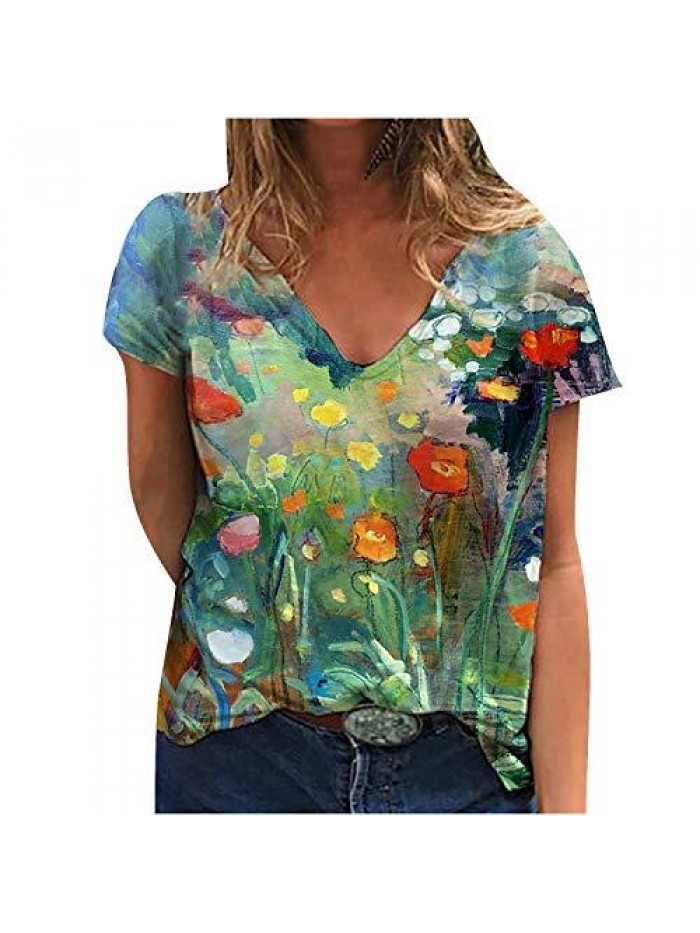 Floral Print Tie Dye Shirts Summer Short Sleeve V Neck Loose Graphic Tees Tops Rainbow Gradient T Shirt 