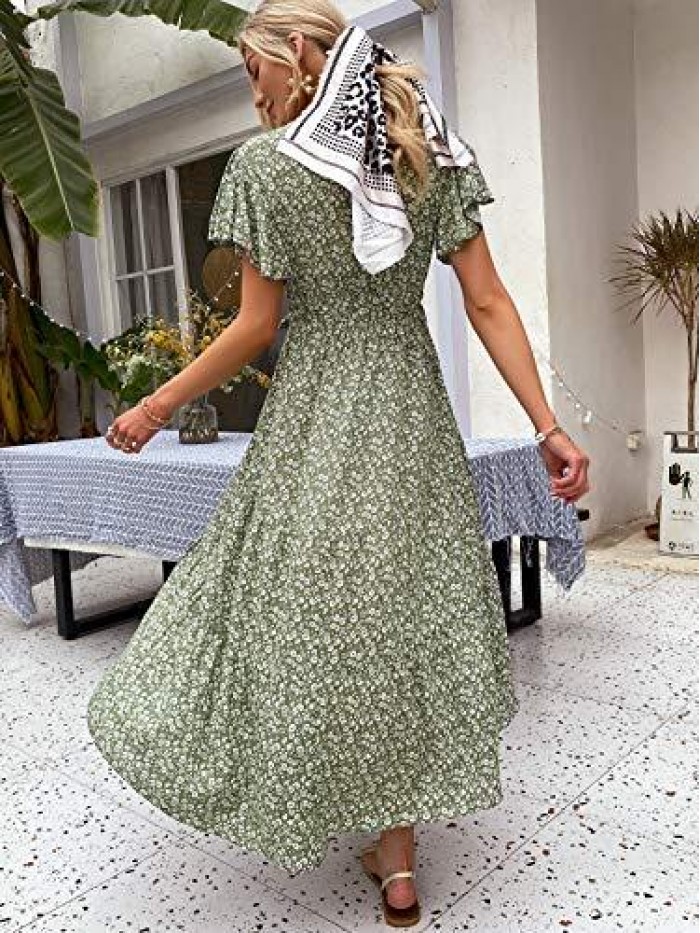 Women's Boho V Neck Floral Chiffon Dress Backless Beach Split Maxi Dress with Belt 