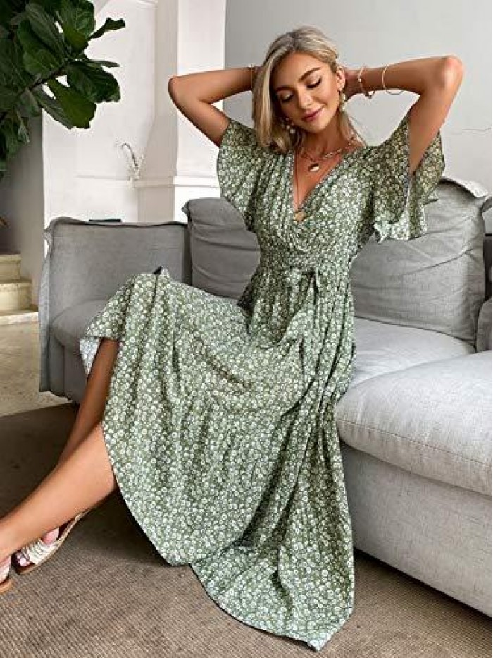 Women's Boho V Neck Floral Chiffon Dress Backless Beach Split Maxi Dress with Belt 