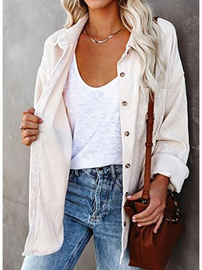 Women Corduroy Shirts Casual Long Sleeve Button Down Blouses Top 