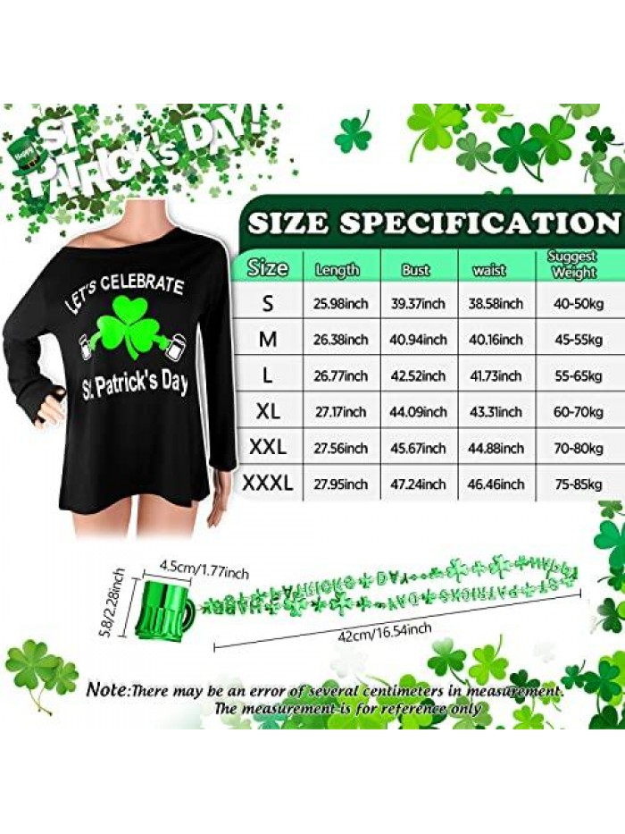 2 Pcs Women's St Patricks Day Sweatshirt Shamrock Irish Long Sleeve Off Shoulder Flowy T Shirt with Necklace 