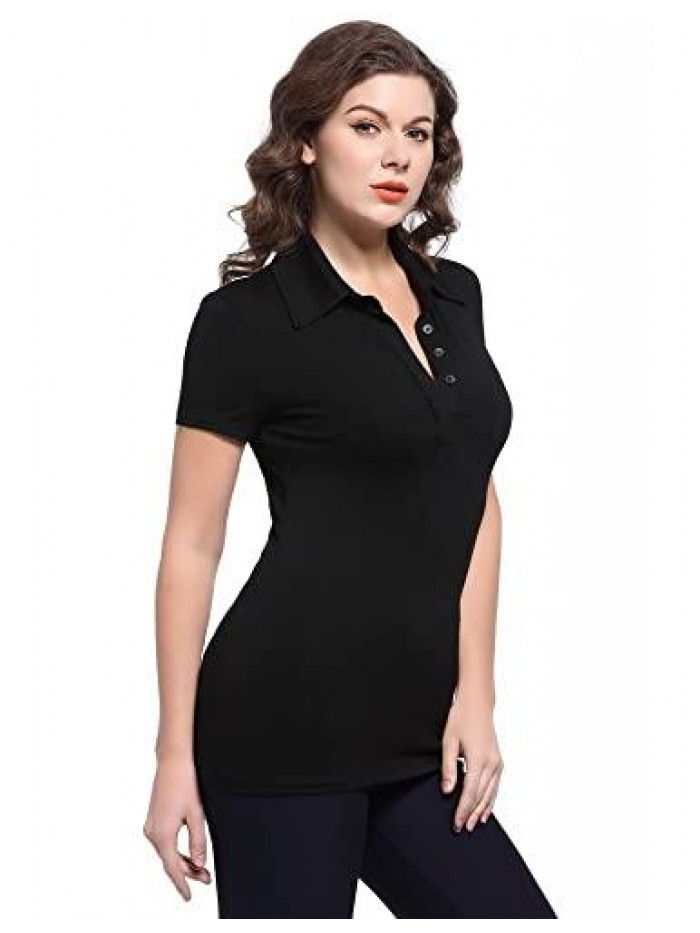 Collared Button V Neck Short Sleeve Polo Shirt 