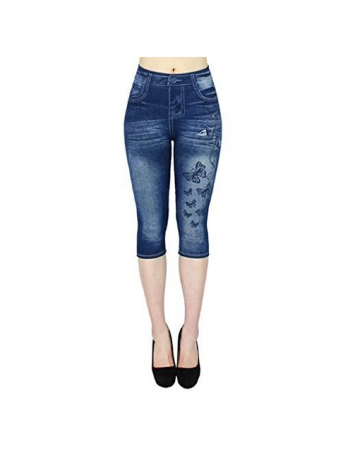 Below Knee Skinny Denim Pants Butterfly Print High Waist Stretch Slim Capri Jeans 3/4 Pencil Leggings 