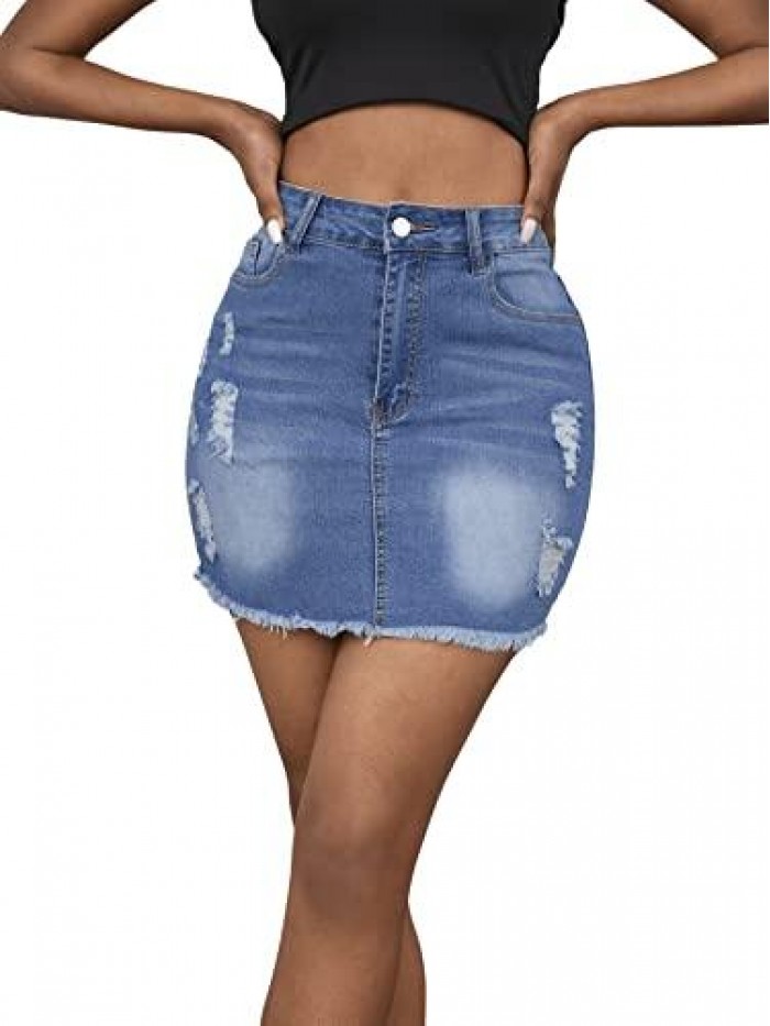 Women's Casual Ripped Jean Skirt High Waist Raw Hem Mini Denim Skirts 