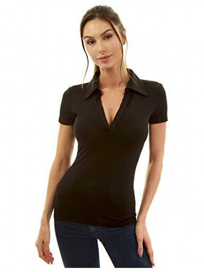 Women Collared V Neck Short Sleeve Polo Shirt 