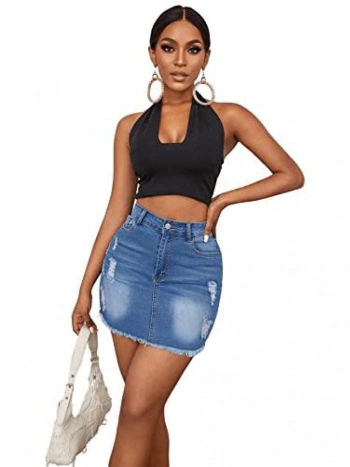 Women's Casual Ripped Jean Skirt High Waist Raw Hem Mini Denim Skirts 