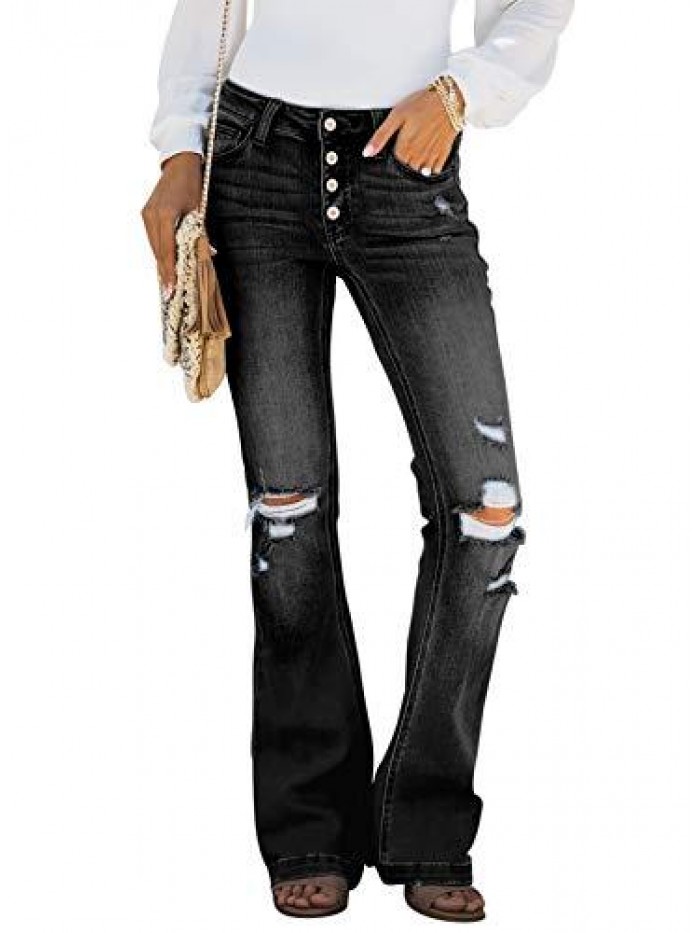 Women Ripped Flare Jeans Mid Rise Fitted Denim Pants 