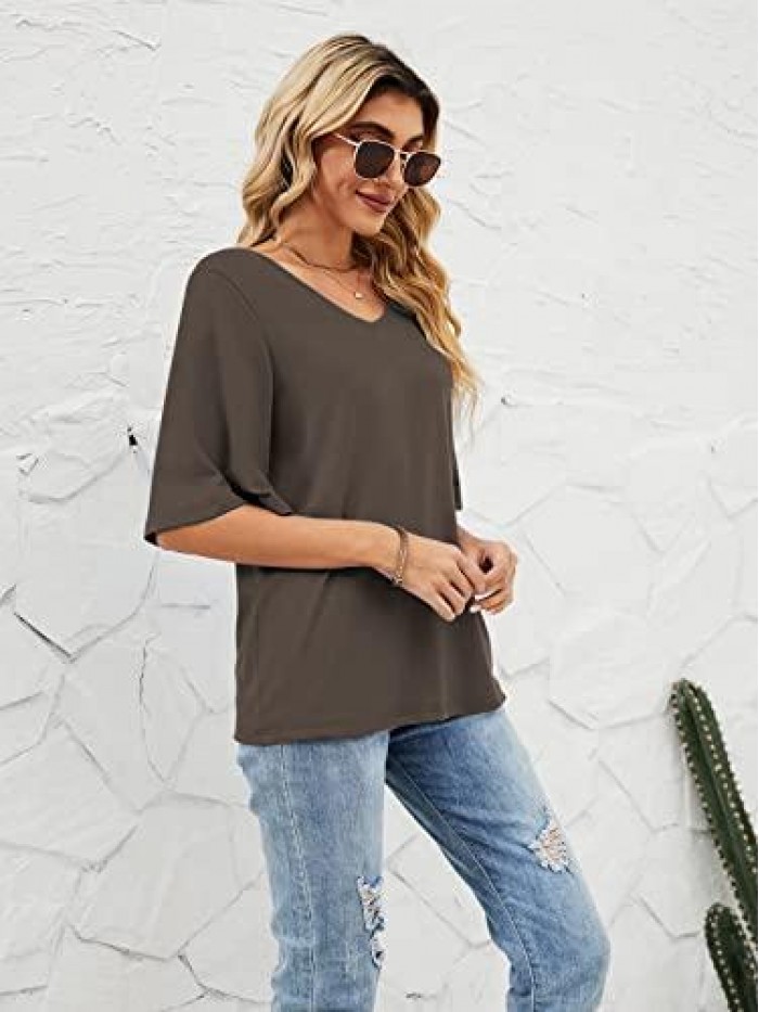 Women's Casual Blouse Summer Loose Fit Tops V neck 3/4 Bell Sleeve Shirt 