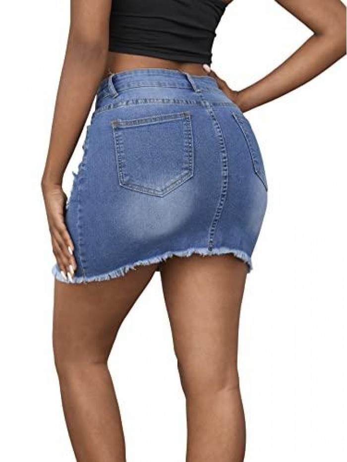 Women's Casual Ripped Jean Skirt High Waist Raw Hem Mini Denim Skirts 