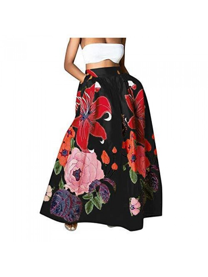 Women Bohemian Floral Printed Maxi Skirt High Waist Chiffon Mopping Flowy Party Beach A-line Skirt with Pocket 