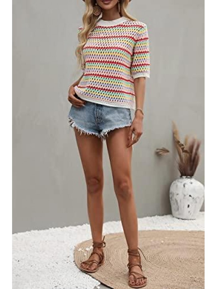 Women's Striped Knit Short Sleeve Sweater Blouse Loose Cutout Round Neck Pullover Shirts Sweater Tops 