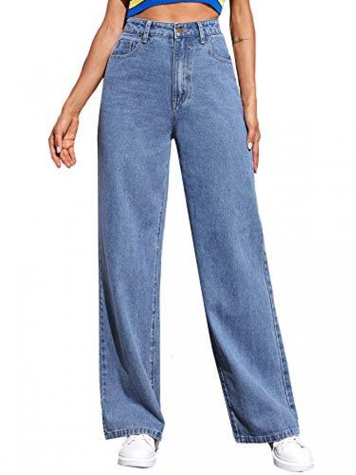 HUX Women's Casual Denim Pants High Waisted Wide Leg Jeans 