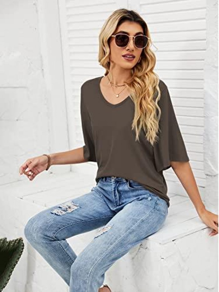 Women's Casual Blouse Summer Loose Fit Tops V neck 3/4 Bell Sleeve Shirt 