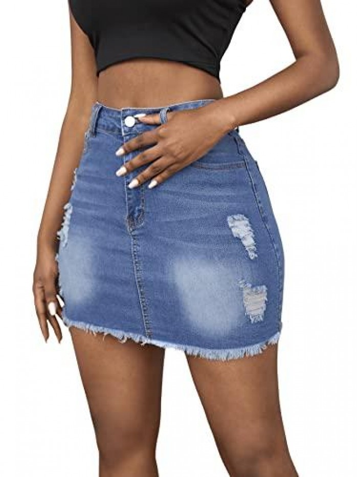 Women's Casual Ripped Jean Skirt High Waist Raw Hem Mini Denim Skirts 