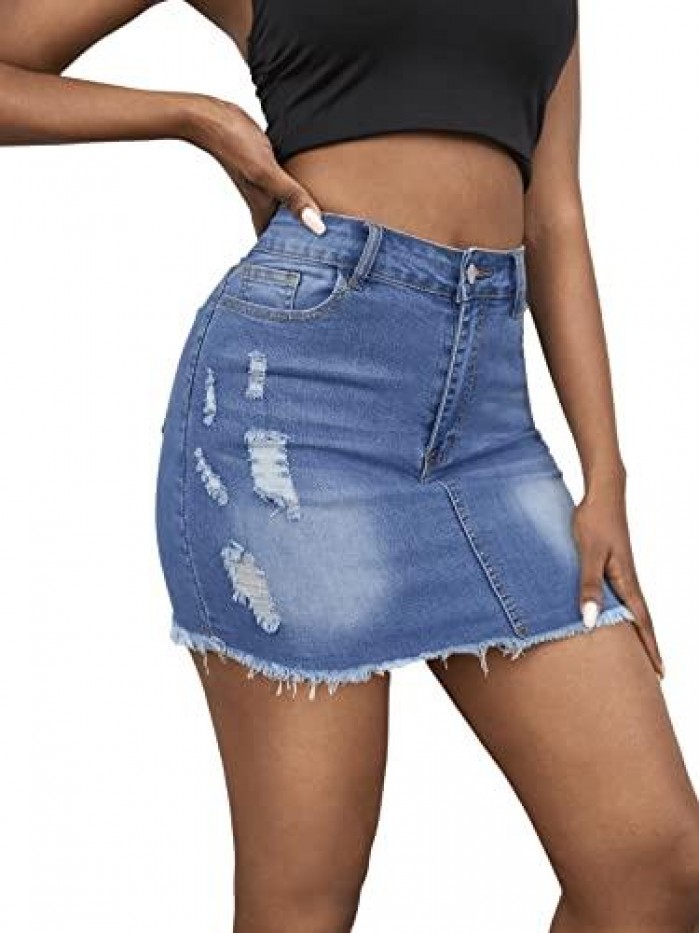 Women's Casual Ripped Jean Skirt High Waist Raw Hem Mini Denim Skirts 