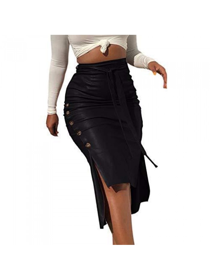 /D Women Trendy PU Leather High Waist Lace-up Slim Pencil Midi Skirt 