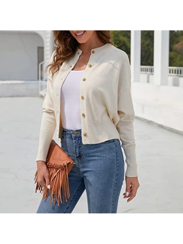 Lightweight Cardigan,Wool Crewneck Sweater Long Sleeves Button Up Open Front Knit Crop Top 