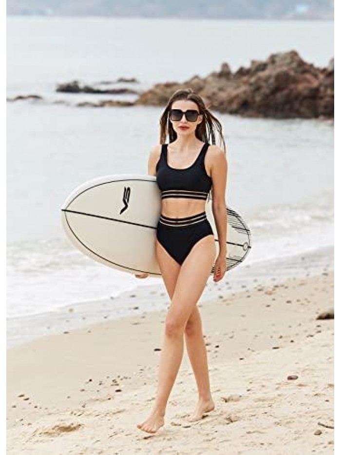 Women's Bikini Swimsuit High Waisted Two Piece Bathing Suit Sporty Crop Top Swimwear 