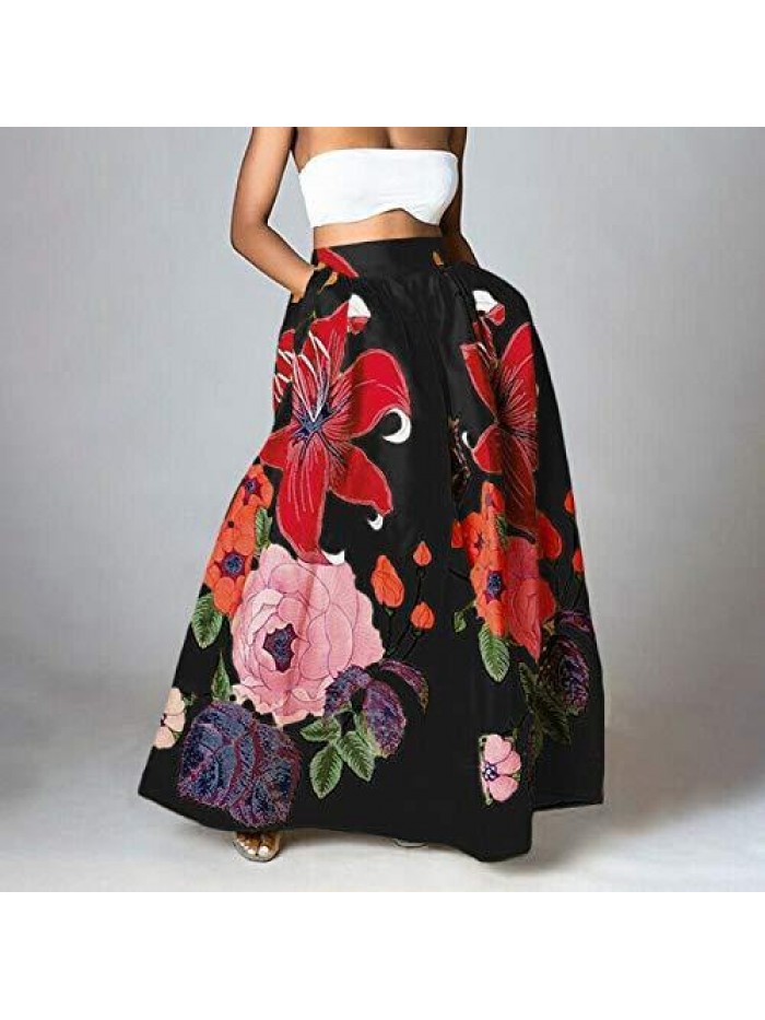 Women Bohemian Floral Printed Maxi Skirt High Waist Chiffon Mopping Flowy Party Beach A-line Skirt with Pocket 