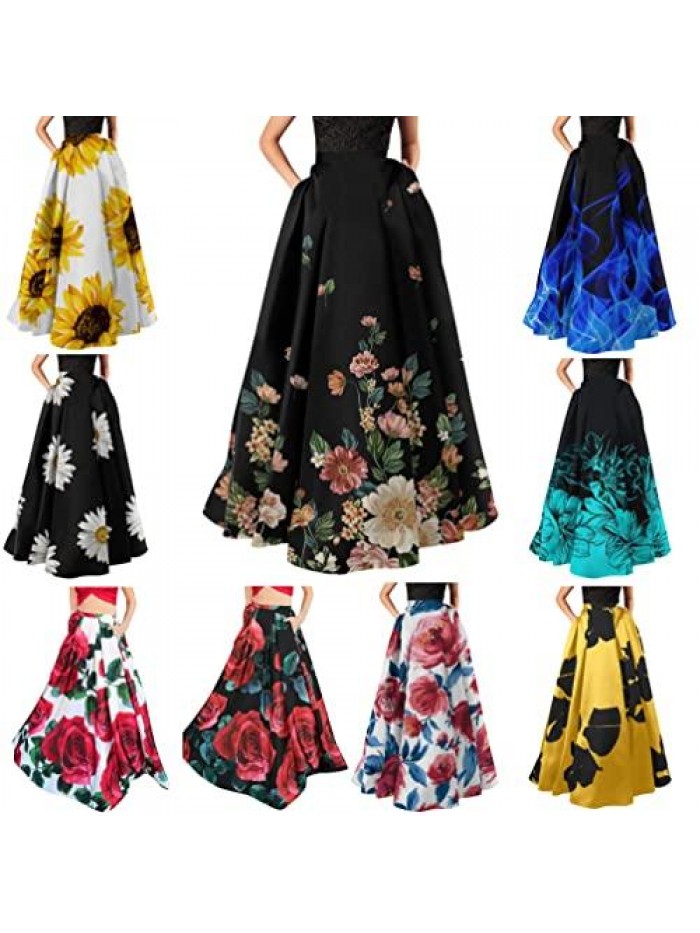 Women Bohemian Floral Printed Maxi Skirt High Waist Chiffon Mopping Flowy Party Beach A-line Skirt with Pocket 