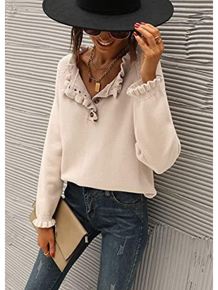 Women's Sweaters Casual Long Sleeve Button Down Crew Neck Ruffle Knit Pullover Sweater Tops Solid Color Striped 