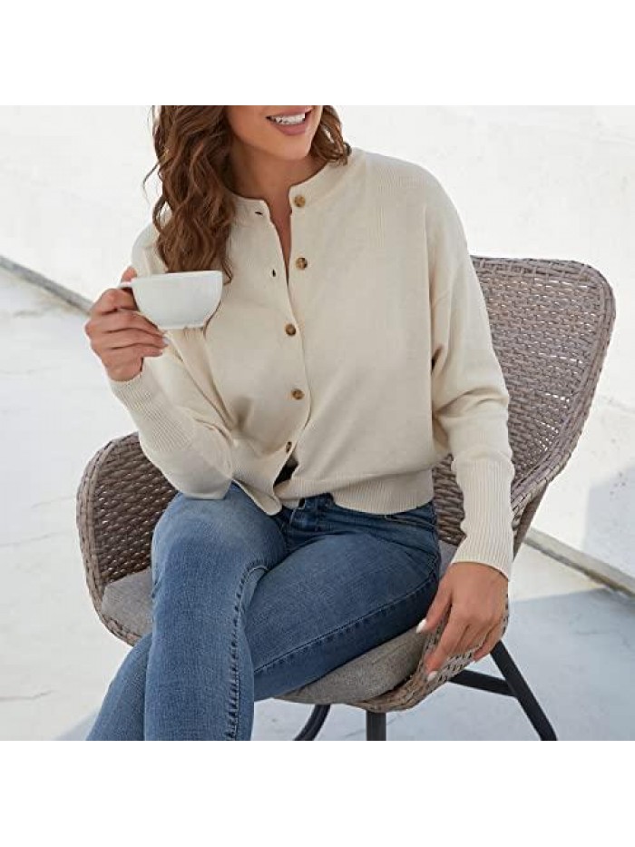 Lightweight Cardigan,Wool Crewneck Sweater Long Sleeves Button Up Open Front Knit Crop Top 