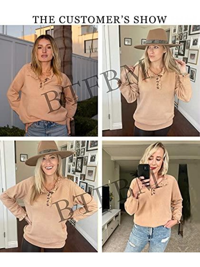 Women's Sweaters Casual Long Sleeve Button Down Crew Neck Ruffle Knit Pullover Sweater Tops Solid Color Striped 