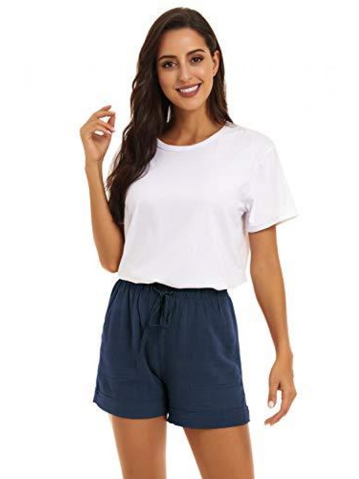 Women Casual Cotton Shorts Drawstring Comfy Elastic Waist Shorts Summer Pull On Short with Pockets(S-2XL) 