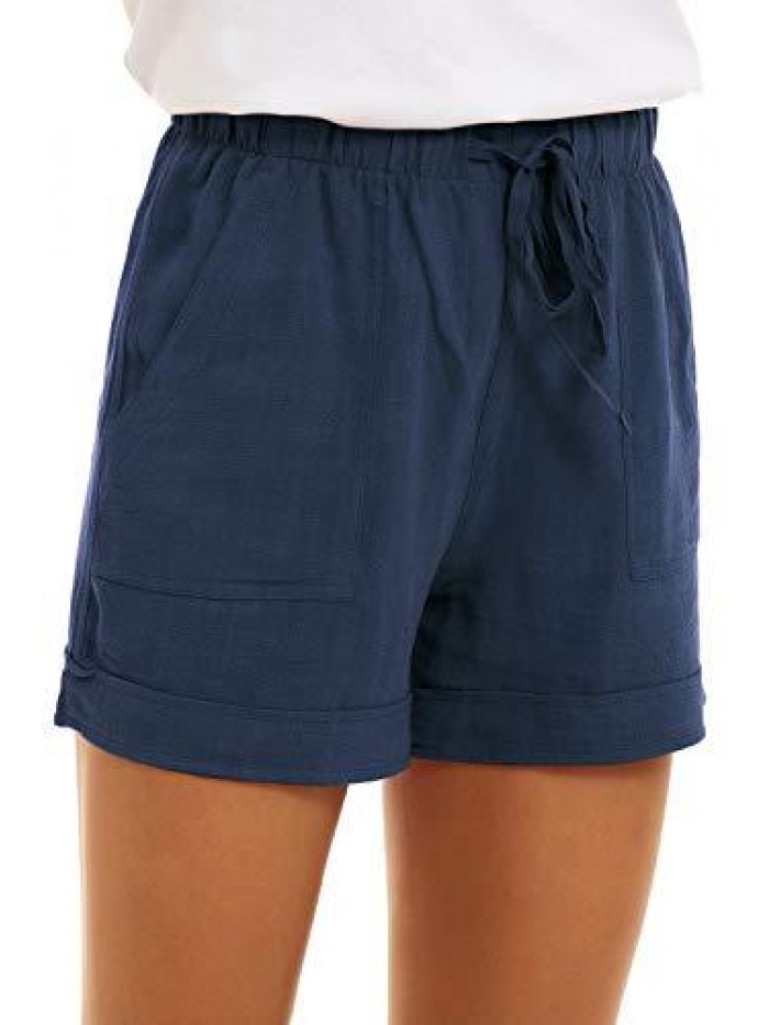 Women Casual Cotton Shorts Drawstring Comfy Elastic Waist Shorts Summer Pull On Short with Pockets(S-2XL) 