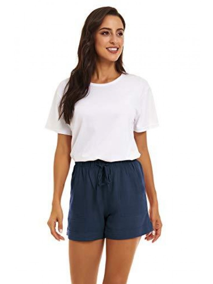 Women Casual Cotton Shorts Drawstring Comfy Elastic Waist Shorts Summer Pull On Short with Pockets(S-2XL) 