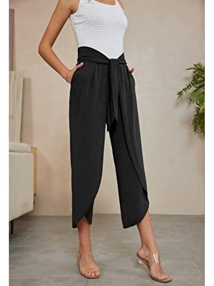 KARIN Women High Waist Casual Pants Boho Split Belted Wide Leg Trousers 