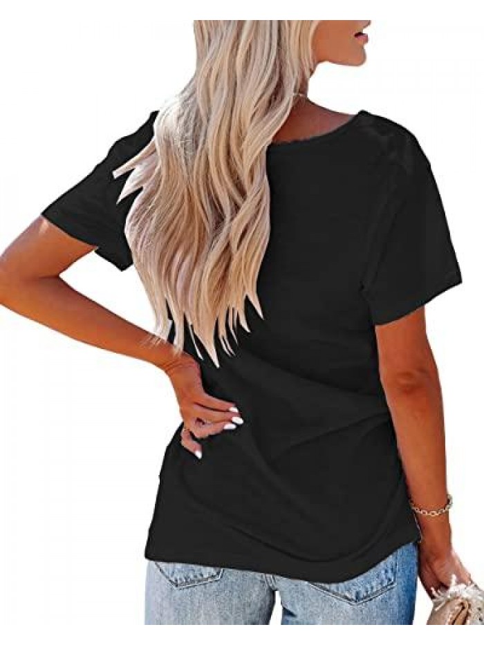 Womens Short Sleeve V Neck T Shirts Casual Side Split Pocket Summer Basic Tee Tops 