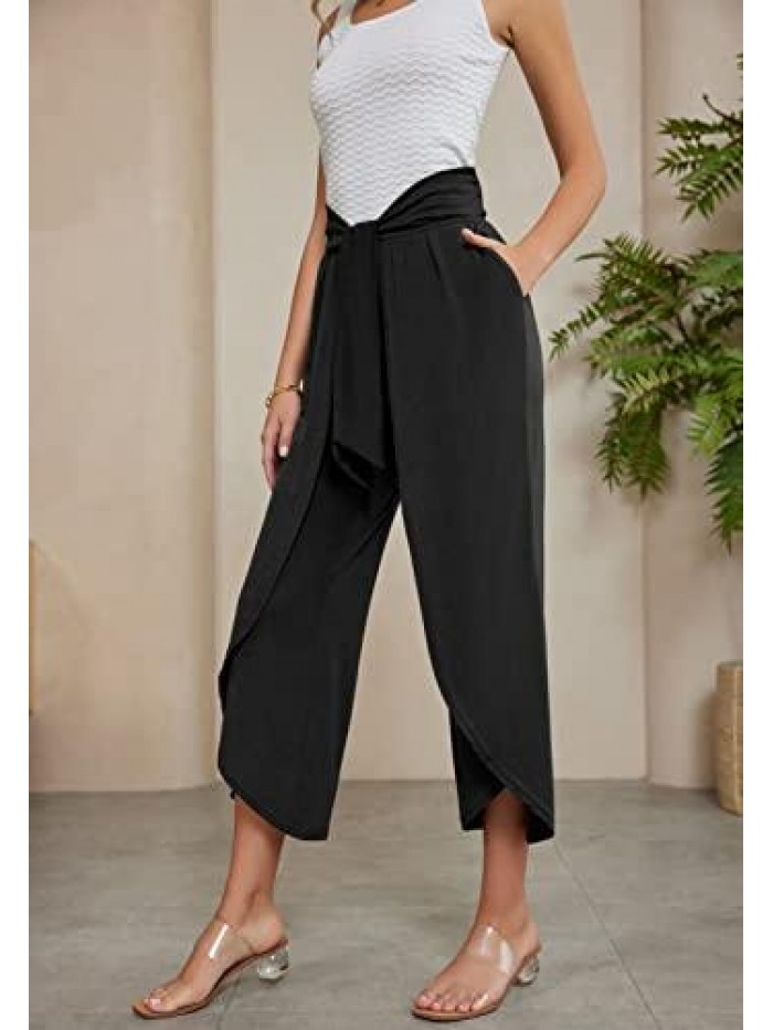 KARIN Women High Waist Casual Pants Boho Split Belted Wide Leg Trousers 