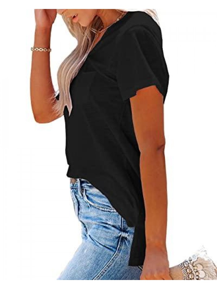 Womens Short Sleeve V Neck T Shirts Casual Side Split Pocket Summer Basic Tee Tops 