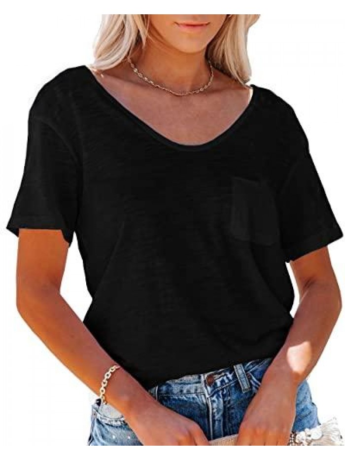 Womens Short Sleeve V Neck T Shirts Casual Side Split Pocket Summer Basic Tee Tops 