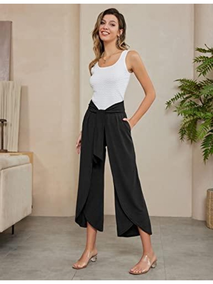 KARIN Women High Waist Casual Pants Boho Split Belted Wide Leg Trousers 