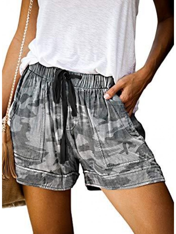 Women Comfy Drawstring Casual Elastic Waist Pocketed Shorts,S-3XL 