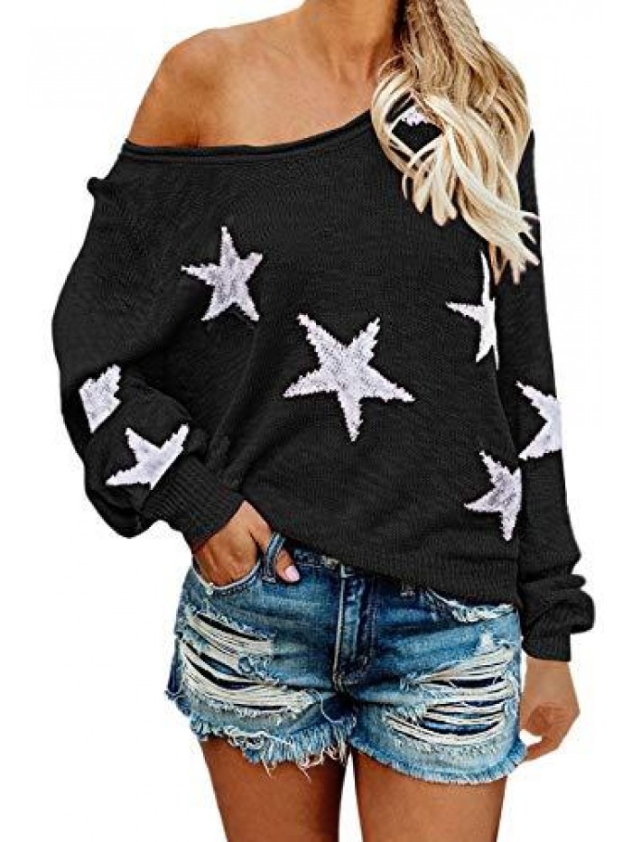 Women's Scoop Neck Long Sleeve Star Pullover Sweater Tunic Tops 