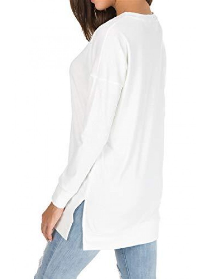 Women's Fall Long Sleeve Side Split Loose Casual Pullover Tunic Tops 