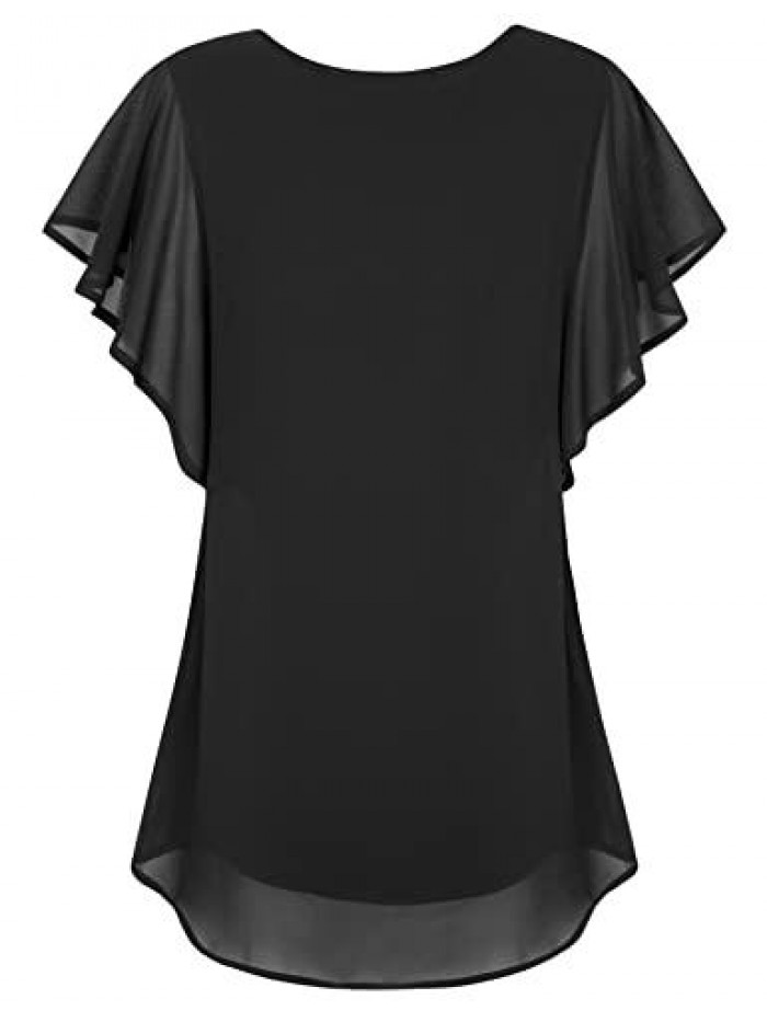 Women's Ruffle Short Sleeve Blouse Double-Layered Flowy Chiffon Tunic Tops Shirt 