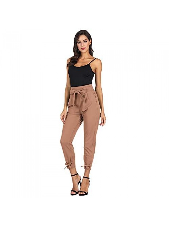 KARIN Women's Casual Pants Solid High Waist Self Tie Belted Pencil Trouser 