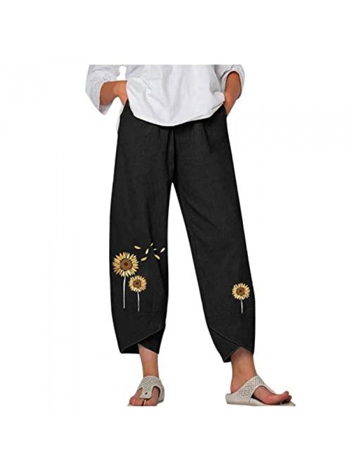 Capri Pants for Women, Women's Linen Cropped Pants Flowers Printed Pockets Ankle Capris Trousers 