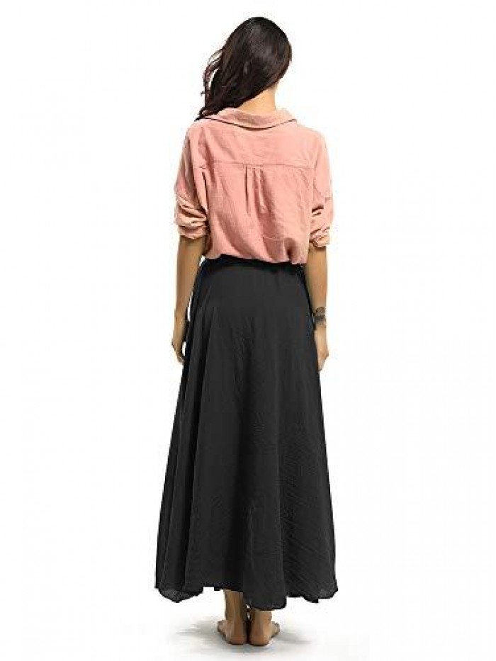 Women's Elastic Waist Flowing Bohemian Cotton Long Maxi Skirt for Summer Beach Holiday 