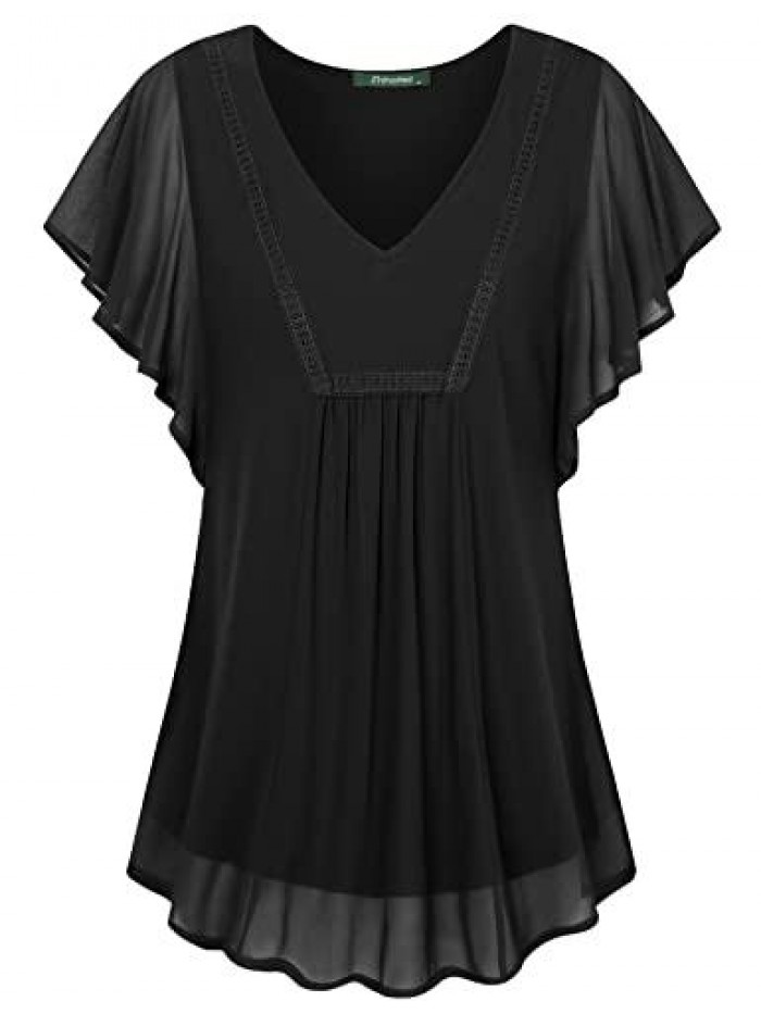 Women's Ruffle Short Sleeve Blouse Double-Layered Flowy Chiffon Tunic Tops Shirt 