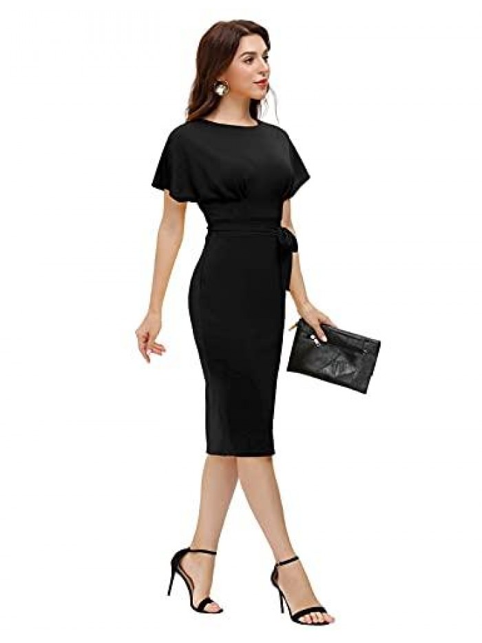 Women's Bodycon Pencil Dress Office Wear to Work Dresses with Pocket Belt 