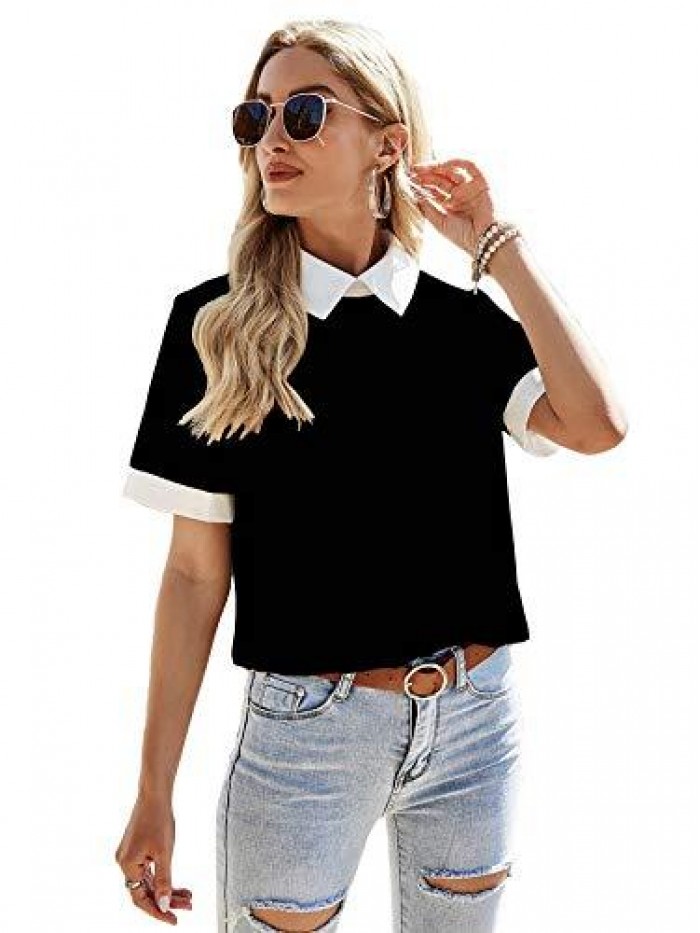 Women's Colorblock Contrast Polo Collar Short Sleeve Blouse Shirt Top 