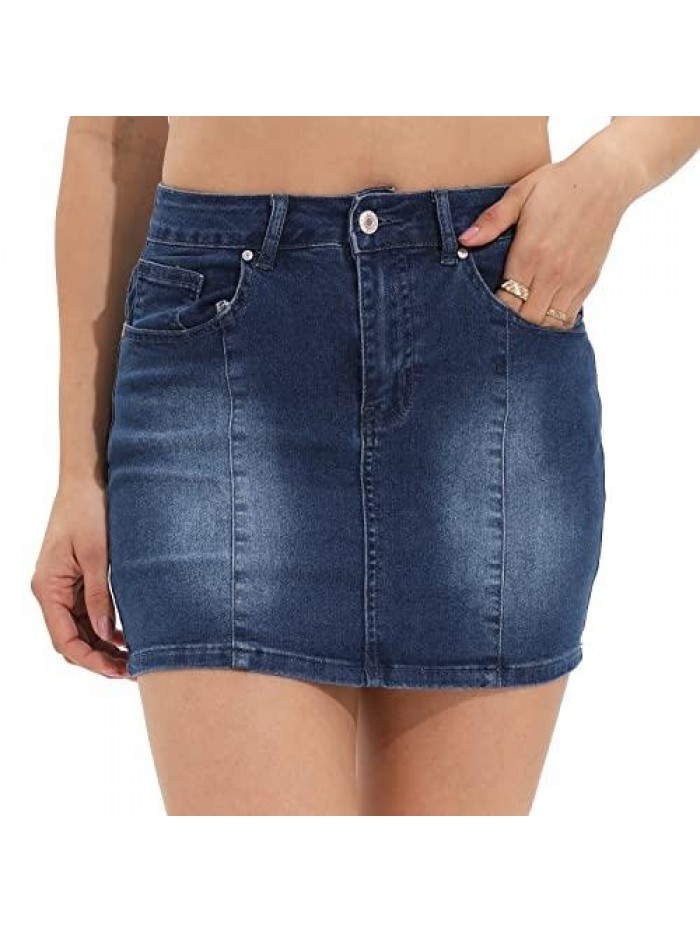 Women's Casual Mid Waisted Stretch Jean Skirts Washed Pockets Mini Denim Skirt 